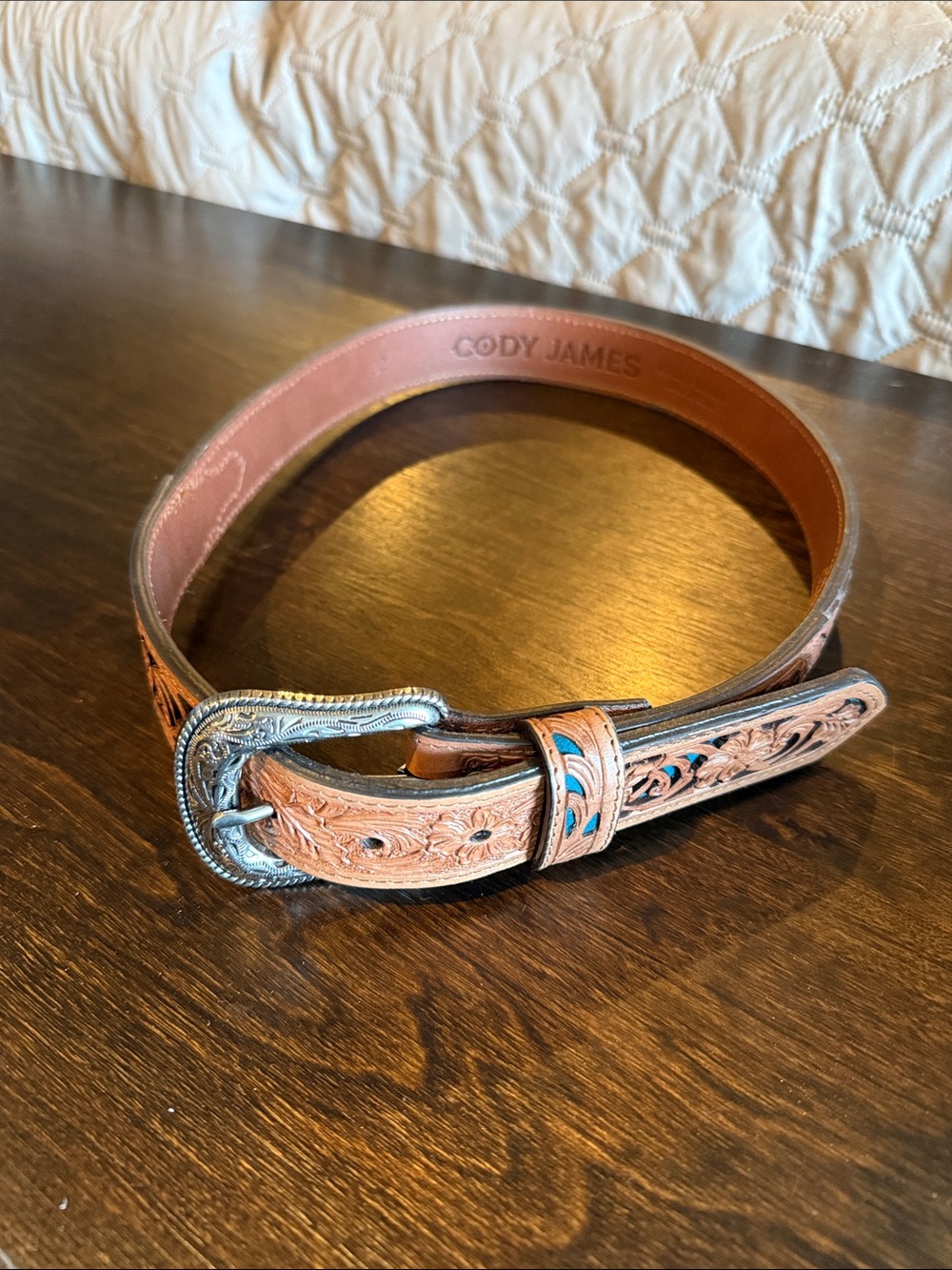 Cody James Women's Tooled Leather Belt in Tan with Turquoise Accents